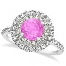 Double Halo Pink Sapphire Ring & Band Bridal Set 14k White Gold 1.59ct