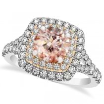 Square Double Halo Morganite Engagement Ring 14k Two-Tone Gold 1.38ct