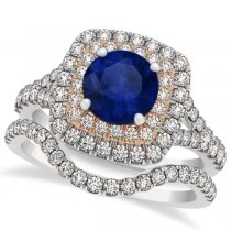 Square Double Halo Blue Sapphire Bridal Ring Set 14k Two-Tone Gold 1.55ct