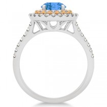 Square Double Halo Blue Topaz Ring & Band Bridal Set 14k Two-Tone Gold 1.55ct