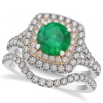 Square Double Halo Emerald Ring & Band Bridal Set 14k Two-Tone Gold 1.55ct