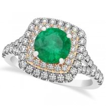 Square Double Halo Emerald Ring & Band Bridal Set 14k Two-Tone Gold 1.55ct