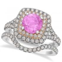 Square Double Halo Pink Sapphire Bridal Ring Set 14k Two-Tone Gold 1.55ct