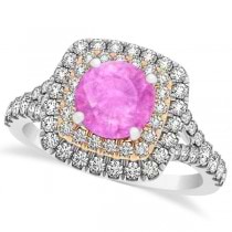 Square Double Halo Pink Sapphire Bridal Ring Set 14k Two-Tone Gold 1.55ct