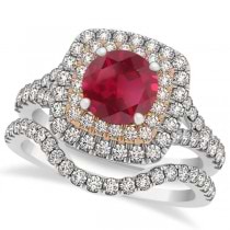 Square Double Halo Ruby Ring & Band Bridal Set 14k Two-Tone Gold 1.55ct