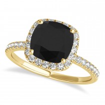 Cushion Black Diamond & Diamond Halo Engagement Ring French Pave 14k Y. Gold 1.58ct