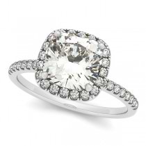 Cushion Moissanite & Diamond Halo Engagement Ring French Pave Palladium 2.00ct