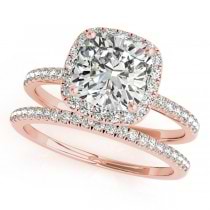 Cushion Moissanite & Diamond Halo Bridal Set French Pave 14k Rose Gold 1.72ct