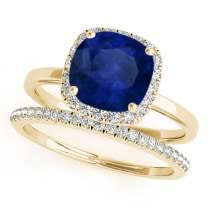 Cushion Blue Sapphire & Diamond Halo Bridal Set 14k Yellow Gold (1.14ct)