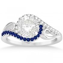 Swirl Bypass Diamond Blue Sapphire Engagement Ring 18k White Gold 0.20ct