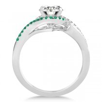 Swirl Bypass Halo Diamond Emerald Engagement Ring 14k White Gold 0.20ct