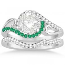 Swirl Bypass Halo Diamond & Emerald Bridal Set 14k White Gold 0.36ct
