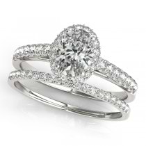 Diamond Accented Halo Oval Shaped Bridal Set 14k White Gold (1.11ct)