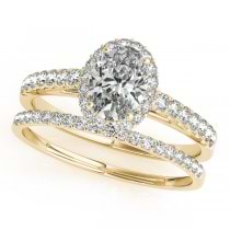 Diamond Accented Halo Oval Shaped Bridal Set 14k Yellow Gold (1.11ct)