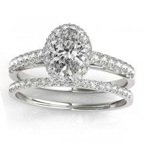 Diamond Accented Halo Oval Shaped Bridal Set 14k White Gold (0.37ct)