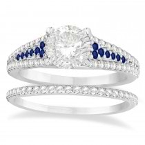 Blue Sapphire & Diamond 3 Row Bridal Set 14k White Gold (0.47ct)