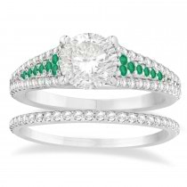 Emerald & Diamond 3 Row Bridal Set 14k White Gold (0.47ct)