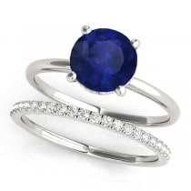 Blue Sapphire & Diamond Solitaire Bridal Set 14k White Gold (1.20ct)