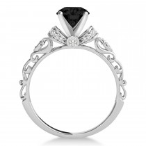 Black Diamond & Diamond Antique Style Engagement Ring 14k White Gold (0.87ct)