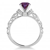 Lab Alexandrite & Diamond Antique Style Engagement Ring 14k White Gold (0.87ct)