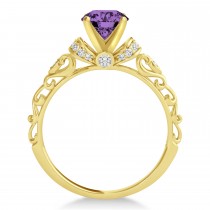 Amethyst & Diamond Antique Style Engagement Ring 18k Yellow Gold .87ct