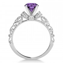 Amethyst & Diamond Antique Style Engagement Ring 14k White Gold (1.12ct)