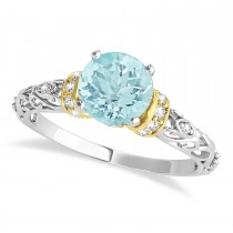Aquamarine & Diamond Antique Style Engagement Ring 14k Two-Tone Gold (0.87ct)