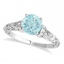 Aquamarine & Diamond Antique Style Engagement Ring 18k White Gold (0.87ct)
