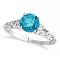 Blue Diamond & Diamond Antique Style Engagement Ring 14k White Gold (0.87ct)
