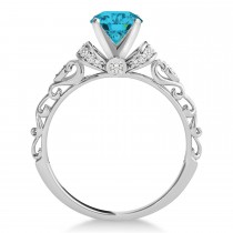 Blue Diamond & Diamond Antique Style Engagement Ring 18k White Gold (0.87ct)