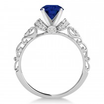 Blue Sapphire & Diamond Antique Style Engagement Ring 18k White Gold (0.87ct)