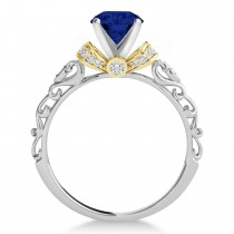 Blue Sapphire & Diamond Antique Style Engagement Ring 18k Two-Tone Gold (0.87ct)