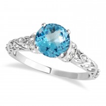 Blue Topaz & Diamond Antique Style Engagement Ring 14k White Gold (0.87ct)