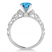 Blue Topaz & Diamond Antique Style Engagement Ring 14k White Gold (1.12ct)