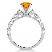 Citrine & Diamond Antique Style Engagement Ring 14k White Gold (0.87ct)