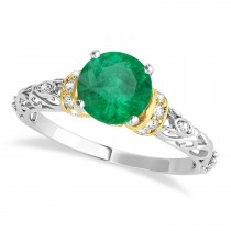 Emerald & Diamond Antique Style Engagement Ring 14k Two-Tone Gold (0.87ct)