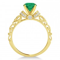 Emerald & Diamond Antique Style Engagement Ring 14k Yellow Gold 0.87ct