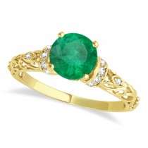 Emerald & Diamond Antique Style Engagement Ring 18k Yellow Gold 0.87ct
