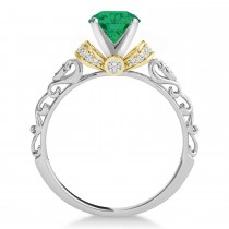 Emerald & Diamond Antique Style Engagement Ring 18k Two-Tone Gold (0.87ct)