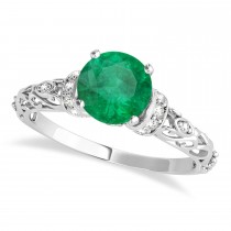 Emerald & Diamond Antique Style Engagement Ring 14k White Gold (1.12ct)