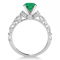 Emerald & Diamond Antique Style Engagement Ring 18k White Gold (1.12ct)