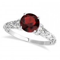 Garnet & Diamond Antique Style Engagement Ring 14k White Gold (0.87ct)