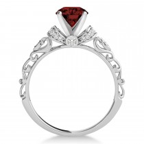 Garnet & Diamond Antique Style Engagement Ring 14k White Gold (0.87ct)