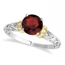 Garnet & Diamond Antique Style Engagement Ring 18k Two-Tone Gold (1.12ct)