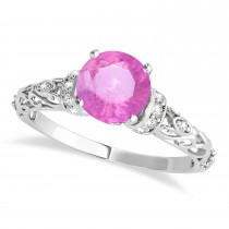 Pink Sapphire & Diamond Antique Style Engagement Ring 14k White Gold (0.87ct)