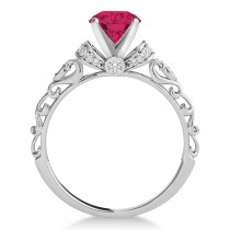 Ruby & Diamond Antique Style Engagement Ring 18k White Gold (0.87ct)