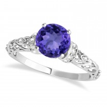 Tanzanite & Diamond Antique Style Engagement Ring 18k White Gold (0.87ct)