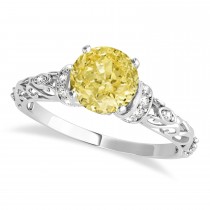 Yellow Diamond & Diamond Antique Style Engagement Ring 14k White Gold (0.87ct)