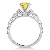 Yellow Diamond & Diamond Antique Style Engagement Ring 18k White Gold (0.87ct)