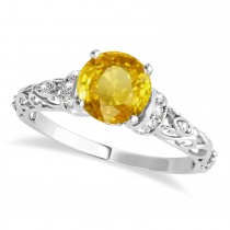 Yellow Sapphire & Diamond Antique Style Engagement Ring 18k White Gold (0.87ct)